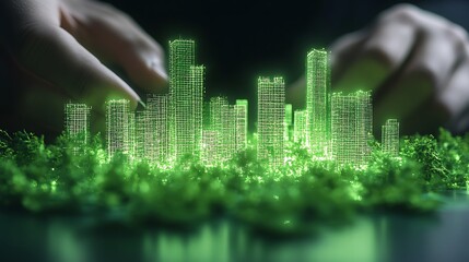 Aufkleber - A vibrant, digital cityscape with glowing green skyscrapers, surrounded by lush greenery, representing a fusion of technology and nature.