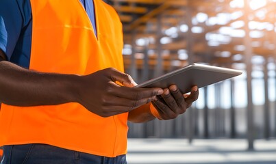 Aufkleber - A construction worker in a safety vest uses a tablet on-site, highlighting technology's role in modern construction management.