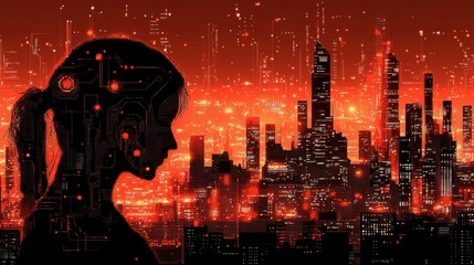 Poster - Woman Silhouette AI Digital Cityscape Futuristic Technology
