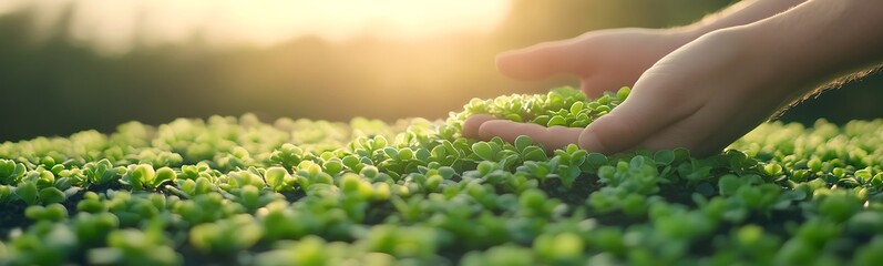 Poster - A serene image of hands gently touching vibrant green plants, symbolizing growth and connection with nature during a sunset.