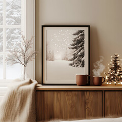 the christmas minimal decoration with tiny x'mas tree on the wood table cabinet and winter sow painting  in the living room