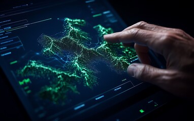 Aufkleber - A hand interacts with a holographic display showing a network of glowing data points and lines, emphasizing technology and digital exploration.