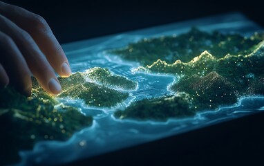 Aufkleber - A glowing, detailed map is being explored by a hand, highlighting landforms and water outlines with vibrant lighting effects.