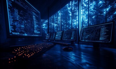 Fototapete - A futuristic room illuminated by blue lights, featuring abstract designs and a serene atmosphere, creating a calming, immersive environment.
