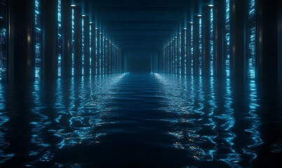Fototapete - A dark, illuminated corridor with glowing blue pillars reflects on calm water, creating a tranquil and futuristic atmosphere.
