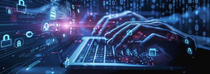 Poster - Digital Security and Data Protection: Businessman Typing on Keyboard with Padlock Icons
