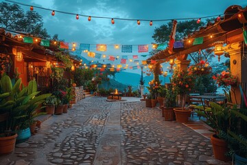 Vibrant Night Fiesta in Mexican Mountains with String Lights and Colorful Flags