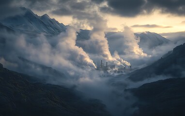 Aufkleber - A misty mountain scene with steam rising, creating an ethereal atmosphere in a valley surrounded by rugged peaks.