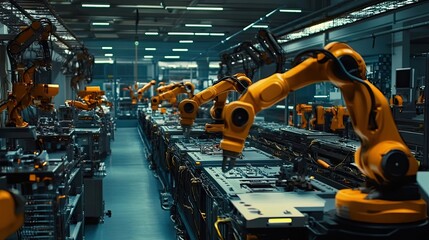 Poster - Automated Factory Line with Yellow Robotic Arms