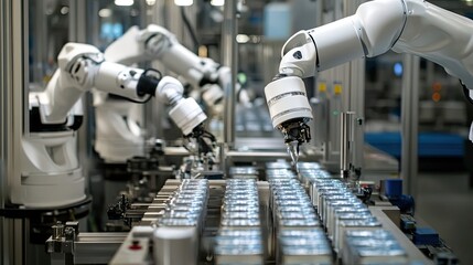 Poster - Robotic Arms Assembling Products on a Conveyor Belt in a Factory