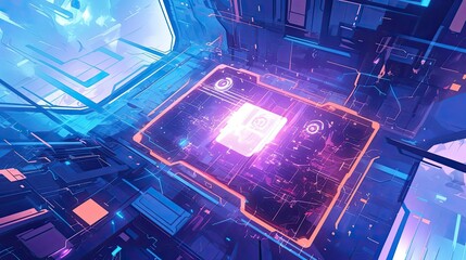 Poster - Futuristic Digital Interface with Glowing Circuitry and a Central Panel
