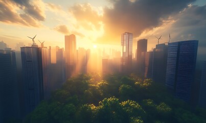 Poster - A vibrant city skyline emerges through lush greenery, as the golden sun sets behind tall, modern buildings and wind turbines, blending nature with urban life.