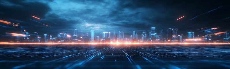 Leinwandbilder - A futuristic cityscape illuminated with neon lights and a dramatic sky, showcasing a vibrant digital landscape ready for exploration.