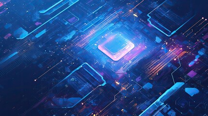 Poster - Abstract Digital Circuitry with Glowing Lines and a Central Square