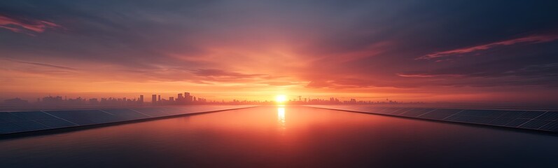 Aufkleber - A stunning sunset casts vibrant colors over a calm body of water, with a skyline silhouetted in the distance, creating a serene and picturesque scene.