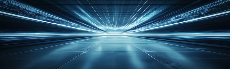 Leinwandbilder - A futuristic blue corridor with dynamic light beams, creating a sense of speed and depth, ideal for sci-fi themes and digital aesthetics.