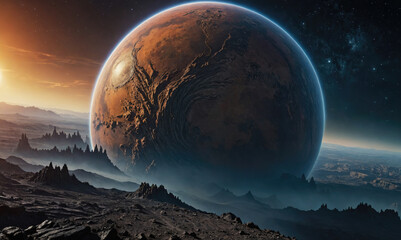 Wall Mural - A large, red planet fills the sky over a rocky, distant landscape