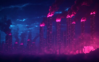 Poster - A futuristic cityscape with towering structures emitting neon fumes under a moody blue and pink sky.