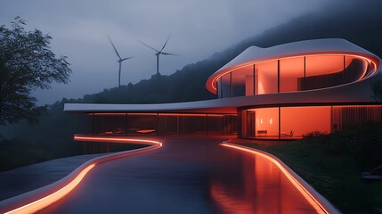 Aufkleber - A modern, sleek house with vibrant orange lighting and wind turbines, set against a misty landscape, creating a serene and futuristic ambiance.