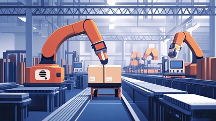 Poster - Robotic Arm Moving a Box on a Conveyor Belt in a Factory