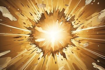 Poster - Dynamic explosion with debris and light in a dramatic orange background. Generative AI