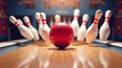 © Mobasser - Bowling alley action shot, red bowling ball striking pins, flying white bowling pins, wooden lane