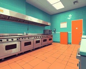 Wall Mural - A bright, modern kitchen featuring stainless steel appliances, orange accents, and turquoise walls, perfect for culinary creations.