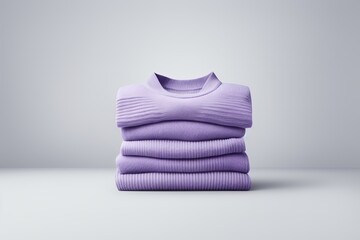 Poster - Soft lavender sweaters neatly stacked on a minimalist table in natural light. Generative AI