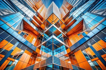 Poster - Abstract Digital Artwork with Dynamic Orange, Blue, and White Shapes Showcasing Innovative Architectural Elements and Contemporary Design Aesthetics in a Vibrant Composition