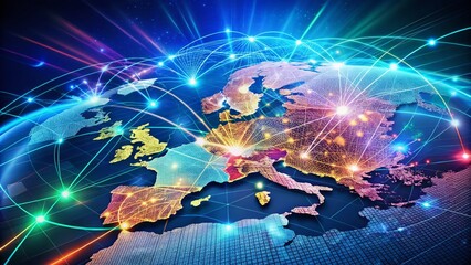 Poster - Abstract Map of Western Europe Illustrating Global Connectivity, Data Transfer, and Cyber Technology for Enhanced Information Exchange and Telecommunication Networks