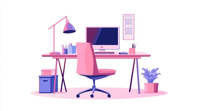 Clean and modern flat vector illustration of a desk and chair setup with