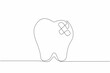 © Simple Line - Continuous one line drawing a tooth has a bandage on it. The need for dental care. The importance of preventing toothaches. Treated. National Toothache Day. Single line draw design vector illustration