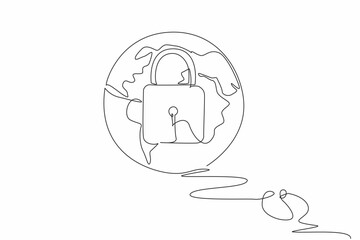 Aufkleber - Single one line drawing a mouse connected to a globe with a padlock in the middle. Global security, data protection. Secure. Safety. Safer Internet Day. Continuous line design graphic illustration
