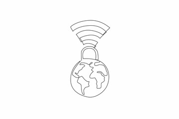 Poster - Single continuous line drawing a padlock connected to a globe with Wi-Fi signals. Safeguarding information in an interconnected world. Secure. Safer Internet Day. One line design vector illustration