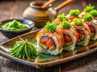 A Close-Up of a Delicious Spicy Tuna Sushi Roll on a Decorative Plate for an Irresistible Culinary Delight with Garnishes and Soy Sauce