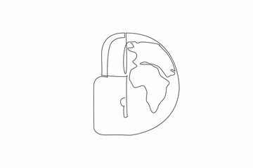 Poster - Single one line drawing half padlock and half of a globe. Too many threats in cyberspace. Protected with double security. Password. Safer Internet Day. Continuous line design graphic illustration