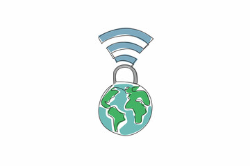 Poster - Single continuous line drawing a padlock connected to a globe with Wi-Fi signals. Safeguarding information in an interconnected world. Secure. Safer Internet Day. One line design vector illustration
