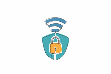 Poster - Single one line drawing shield inside there is a padlock with Wi-Fi signals. Layered protection is needed in the digital age. Firewall. Safer Internet Day. Continuous line design graphic illustration