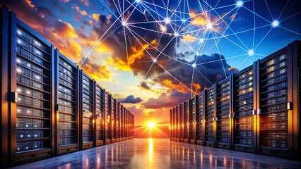 Poster - A Dramatic Silhouette of a Cloud Computing Center with Content Delivery Network Enhancing Website and App Performance Against a Sunset Sky