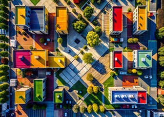 Poster - Aerial View of Abstract Architectural Forms and Shadows Casting Intriguing Patterns on the Ground, Showcasing Modern Design and Artistic Urban Landscapes for Stock Photography