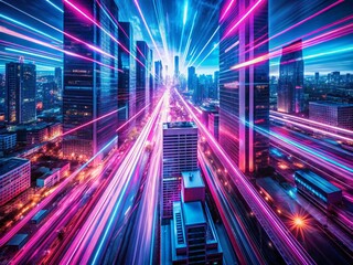 Poster - Aerial View of Abstract Digital Background with Dynamic Lines in Pink and Blue, Emphasizing Modern Design and Technology, Perfect for Creative Projects