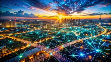 Poster - Aerial View of a Futuristic Digital Landscape Showcasing Technological Operations, Neural Networks, and Data Transmission for Scientific Research and Encryption
