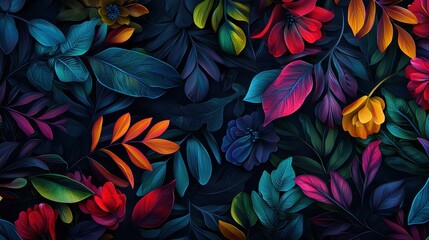 Canvas Print - Vibrant tropical foliage pattern on a dark background