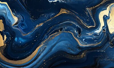 Poster - Opulent Blue and Gold Abstract Fluid Art with Rich Marble Swirl Patterns : Generative AI
