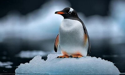 Aufkleber - Gentoo Penguin Standing on Iceberg Amidst Ocean with Soft Focus on Background Icebergs : Generative AI