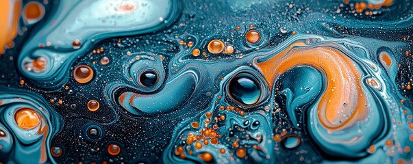 Poster - Abstract fluid art with vibrant swirls of blue, orange, and gold featuring mesmerizing patterns and textures that captivate the viewer's imagination and inspire creativity.