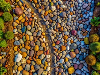Poster - Aerial View of the Intricate Texture of Small Gravel Stones on a Pathway, Showcasing Natural Patterns and Earthy Tones in a Unique Landscape Composition
