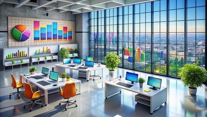 Wall Mural - Aerial View of Vibrant Business Statistics Displayed on Digital Screens in a Modern Office Environment with Colorful Graphs and Charts Illustrating Market Trends and Data Analysis