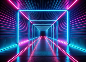 Poster - A Futuristic Neon Tunnel with Glowing Blue Lines and a Pink Square - Panoramic Photography of a Digital Landscape on a Black Background