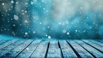Poster - Winter background with wooden table and falling snow. Christmas and New Year concept. - Generated AI